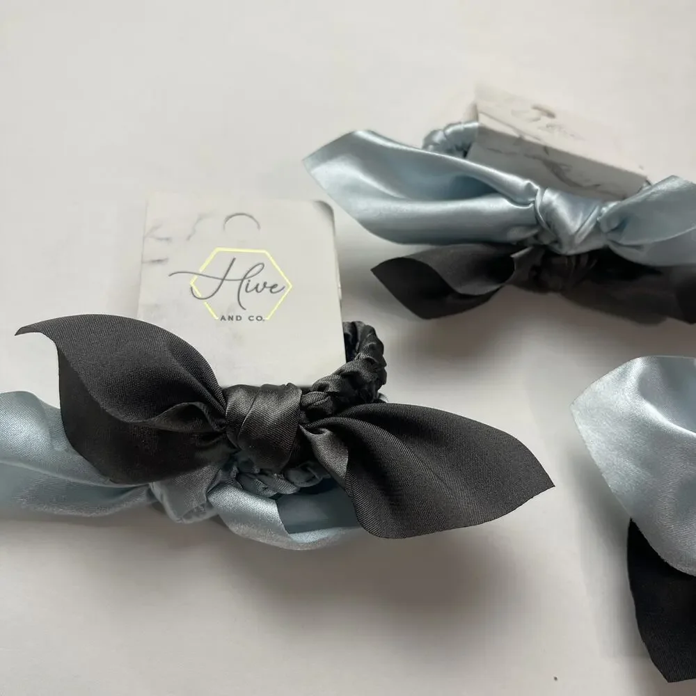 Lot of 6 Hive and Co Satin Hair Ties with‎ Bow - 2 count Each Light Blue & Gray